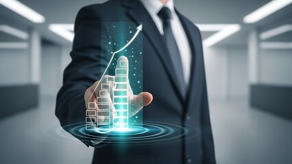 Businessman holding a glowing futuristic digital interface with a growing financial graph.