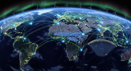 Global digital network connection and wind energy grid around planet earth