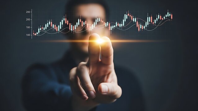 Man touching glowing stock market graph on dark background with bright light flare. - Powered by Adobe