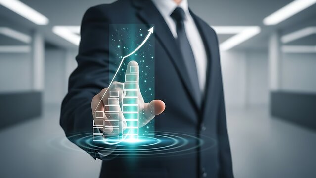 Businessman holding a glowing futuristic digital interface with a growing financial graph. - Powered by Adobe