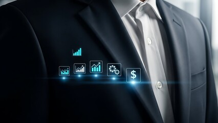 Businessman in a suit with glowing digital financial charts and data visualizations.