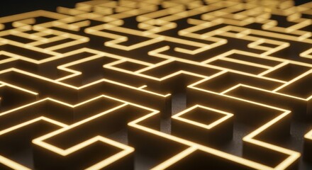 A closeup view of a glowing yellow maze or labyrinth with sharp turns and pathways