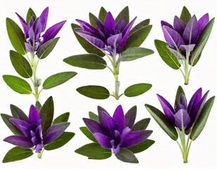  Set of Mexican bush sage (Salvia leucantha) frontal isolated png on a transparent bac 
