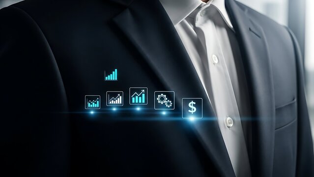 Businessman in a suit with glowing digital financial charts and data visualizations. - Powered by Adobe