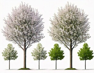 Set of Prunus persica and Prunus avium blossoming frontal street trees isolated 9