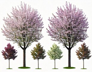 Set of Prunus persica and Prunus avium blossoming frontal street trees isolated 9