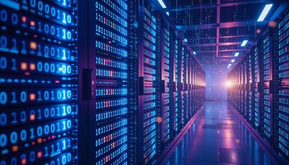 A vast, dark corridor of a modern data center featuring towering server racks