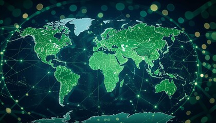 Futuristic map visualizes global connections, green lines outline digital network