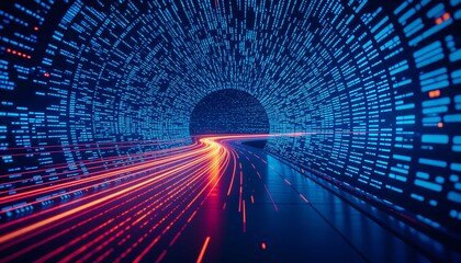 A dynamic digital portal for hi-tech technology communication, showcasing neon light and virtual motion rendering