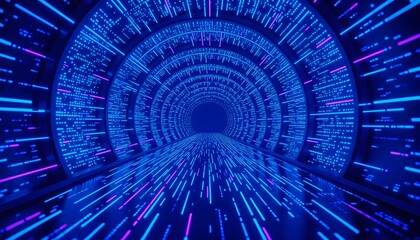 Entering a futuristic cyber tunnel where data flow at incredible speed, creating a bright abstract network background