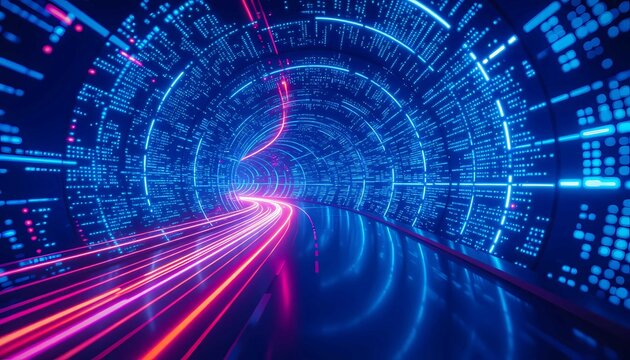 Futuristic digital tunnel background with network, data, light, technology - Powered by Adobe