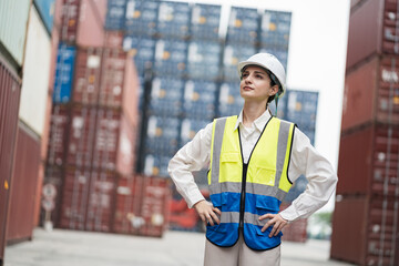 Portrait Caucasian woman logistics workers at container site	
