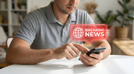 Man reading breaking news alert on smartphone with glowing globe icon hologram.