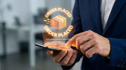 Businessman tracking fast delivery order with moving box hologram on smartphone.