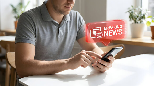 Casual user receiving breaking news notification with digital globe hologram on phone. - Powered by Adobe