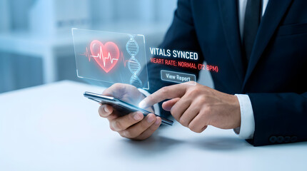 Doctor analyzing patient health data with synced vitals and DNA hologram on phone.