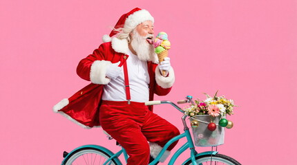 Jolly Santa Claus enjoys a multi-scoop ice cream cone while riding a bicycle on a pink background