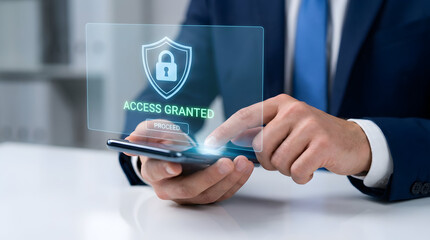 System administrator confirming secure access with glowing digital lock hologram.
