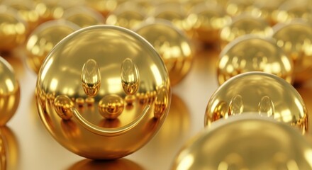 A group of shiny golden smiley face spheres arranged closely together, with one in sharp focus in the foreground