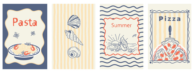 A minimalist poster featuring summer and Italian cuisine. Illustrations of pizza, seafood, and pasta. Hand-drawn illustrations showcasing the Italian way of life.