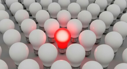 A single red light bulb glows brightly in the center of a group of unlit white bulbs, symbolizing uniqueness and innovation