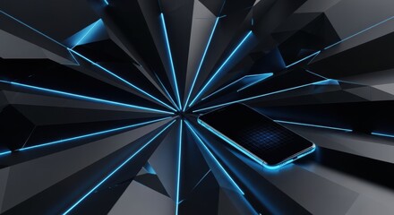 A sleek smartphone emerges from a dark, geometric background with glowing blue lines radiating outwards, symbolizing innovation
