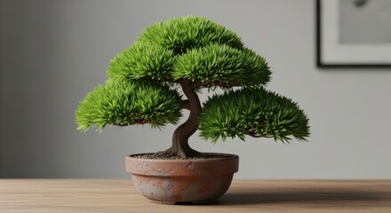 A small green bonsai tree in a terracotta pot, placed on a wooden table with a blurred background