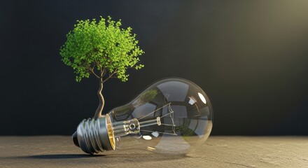 A small green tree growing out of a clear glass light bulb, symbolizing ecofriendly energy and innovation