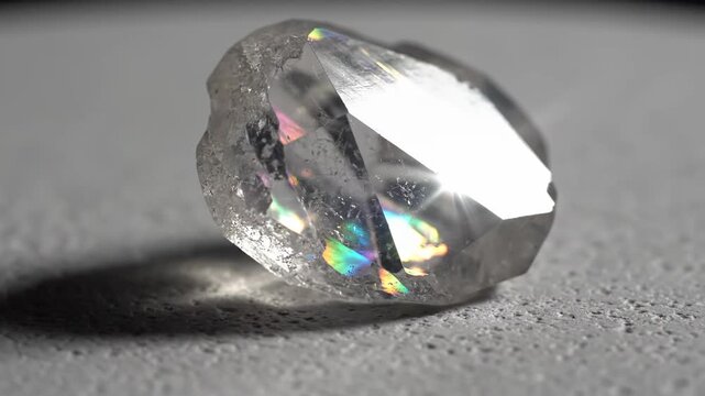 Close-up of a raw diamond with rainbow reflections on a gray surface.