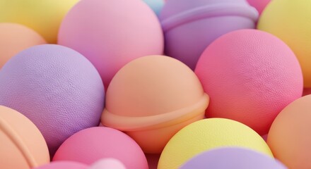 A vibrant collection of colorful bath bombs in pastel shades of pink, purple, yellow, and orange