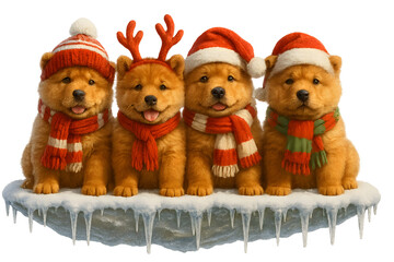 Cute Christmas Dog Breeds Collection &ndash; Holiday Puppy Set in Festive Winter Outfits,  Transparent background, Chow Chow