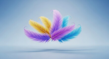 A vibrant collection of colorful feathers floating gently against a soft blue background, creating a sense of lightness and elegance