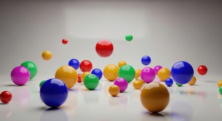 A vibrant collection of colorful glossy spheres scattered and floating on a clean, reflective white surface, isolated on white background