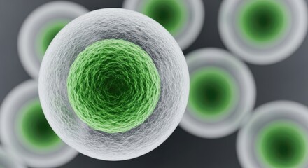 Abstract 3d rendering of a biological cell with a green nucleus, representing science and research