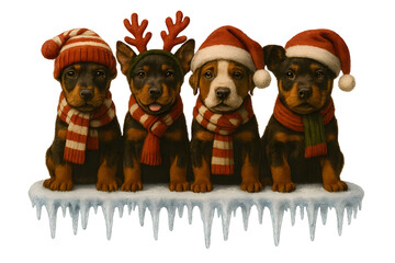 Cute Christmas Dog Breeds Collection &ndash; Holiday Puppy Set in Festive Winter Outfits,  Transparent background, Doberman Pinscher