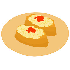 A charming, simple illustration of two pieces of Inari Sushi (Inarizushi) served on a plate