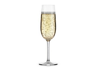 Glass of champagne with bubbles on white background