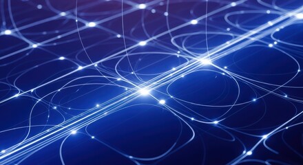 Abstract blue glowing network of lines and nodes, representing technology, data, and connectivity in a digital world