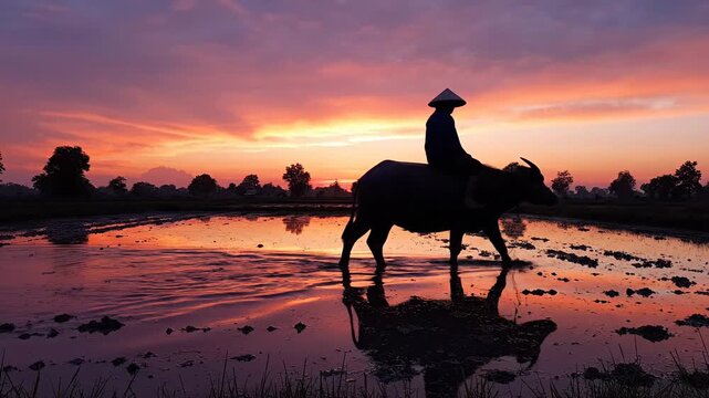 A silhouette of a farmer riding a water buffalo at sunset.