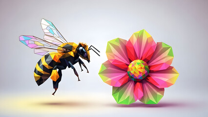 Colorful low poly bee and flower on gradient background