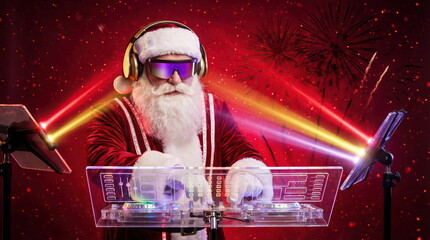 Festive DJ Santa Claus Waving at a Christmas Rave