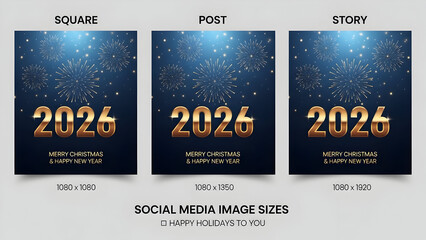 Set of three new year 2026 social media templates for square, post, and story formats with golden numbers and blue sparkling background