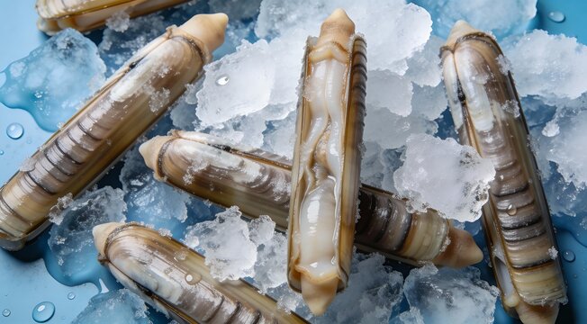 Frozen raw razor clam shellfish on ice, healthy pescatarian sea food concept