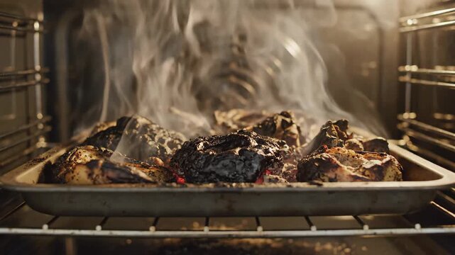 Burnt Food in Oven with Smoke - A close-up shot of a baking tray filled with completely burnt food, smoking inside an oven. The food is charred black and unrecognizable, with smoke billowing upwards.