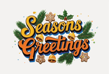 Seasons greetings. Vintage card for winter holidays. Hand lettering calligraphic inscription by brush and decorated christmas tree. Vector illustration.