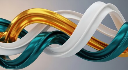 Abstract flowing ribbons of gold, teal, and white intertwine in a dynamic, futuristic 3d render