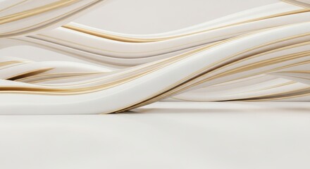 Abstract flowing ribbons of white and gold material with soft lighting and smooth curves