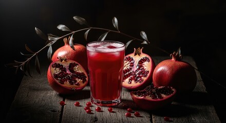 Pomegranate juice with ice and fresh pomegranates on a wooden surface