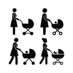 Woman pushing stroller silhouette set motherhood