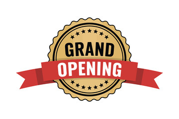 Gold seal with "Grand Opening" ribbon, celebrating a new business venture